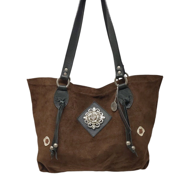 LEATHEROCK USA Suede Western Shoulder Bag Double Handles Medallion Brown NEW NWT